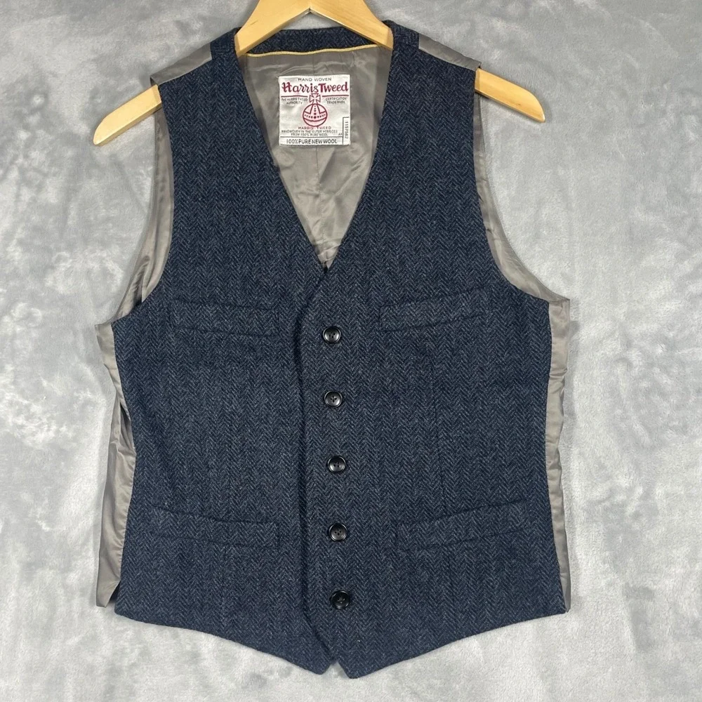 Bibury Court Harris Tweed Wool Herringbone Vest Navy Blue Waistcoat Mens 2 S